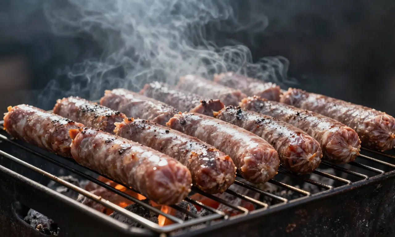 Cortes de res y chistorra sobre parrilla de carbón con brasas encendidas