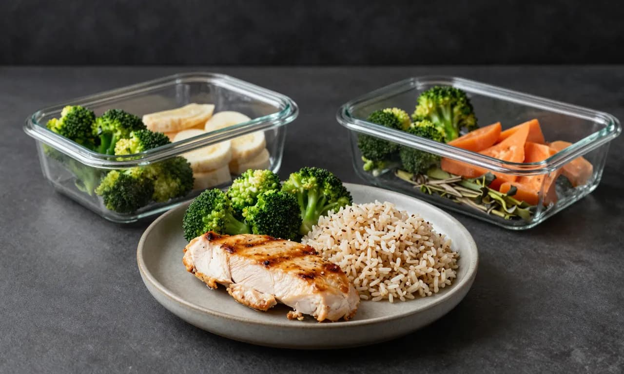 Plato equilibrado con pollo, brócoli y arroz junto a contenedores de meal prep