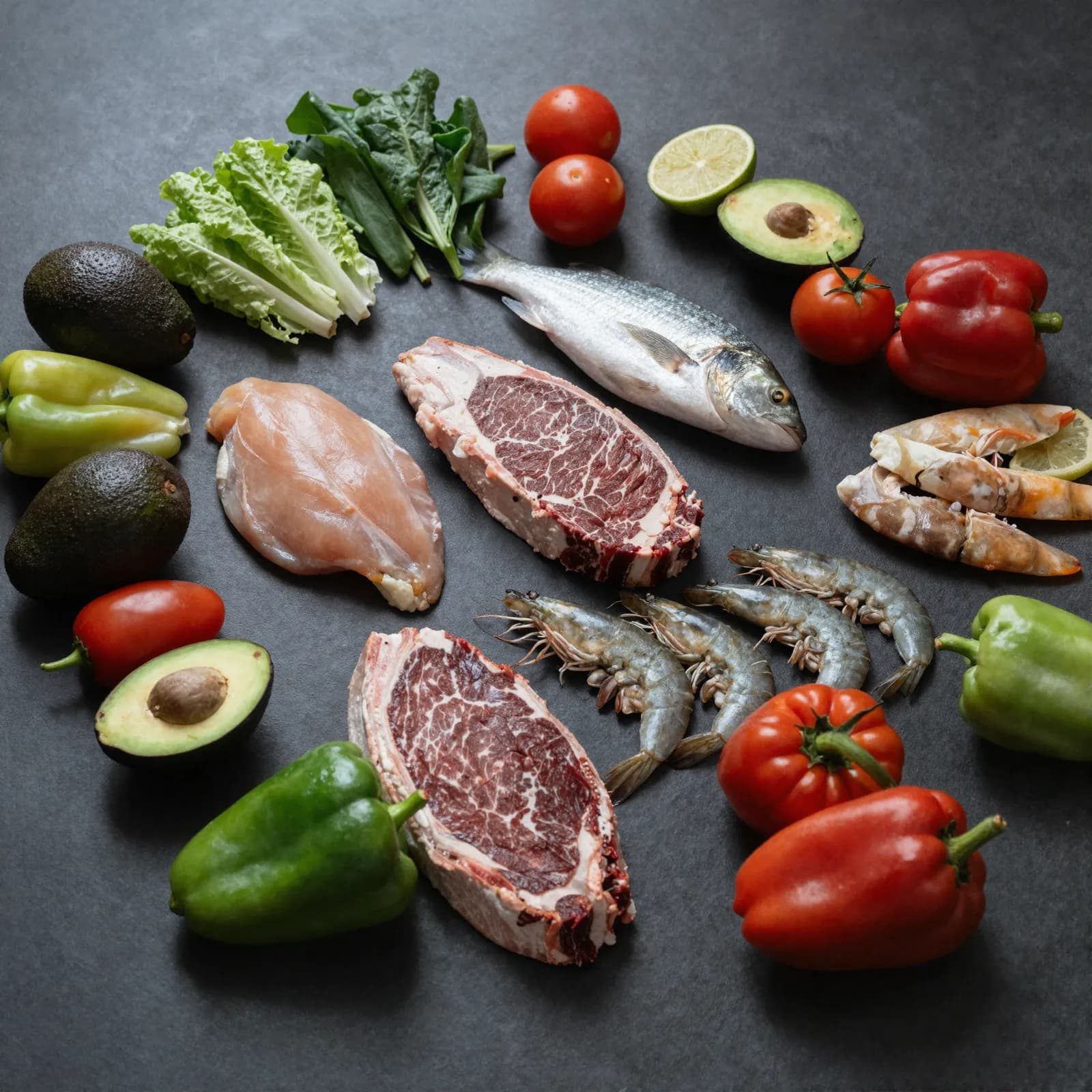 Proteínas frescas del mercado — pollo, res, pescado y camarón — junto a verduras y aguacate sobre superficie oscura — Machete