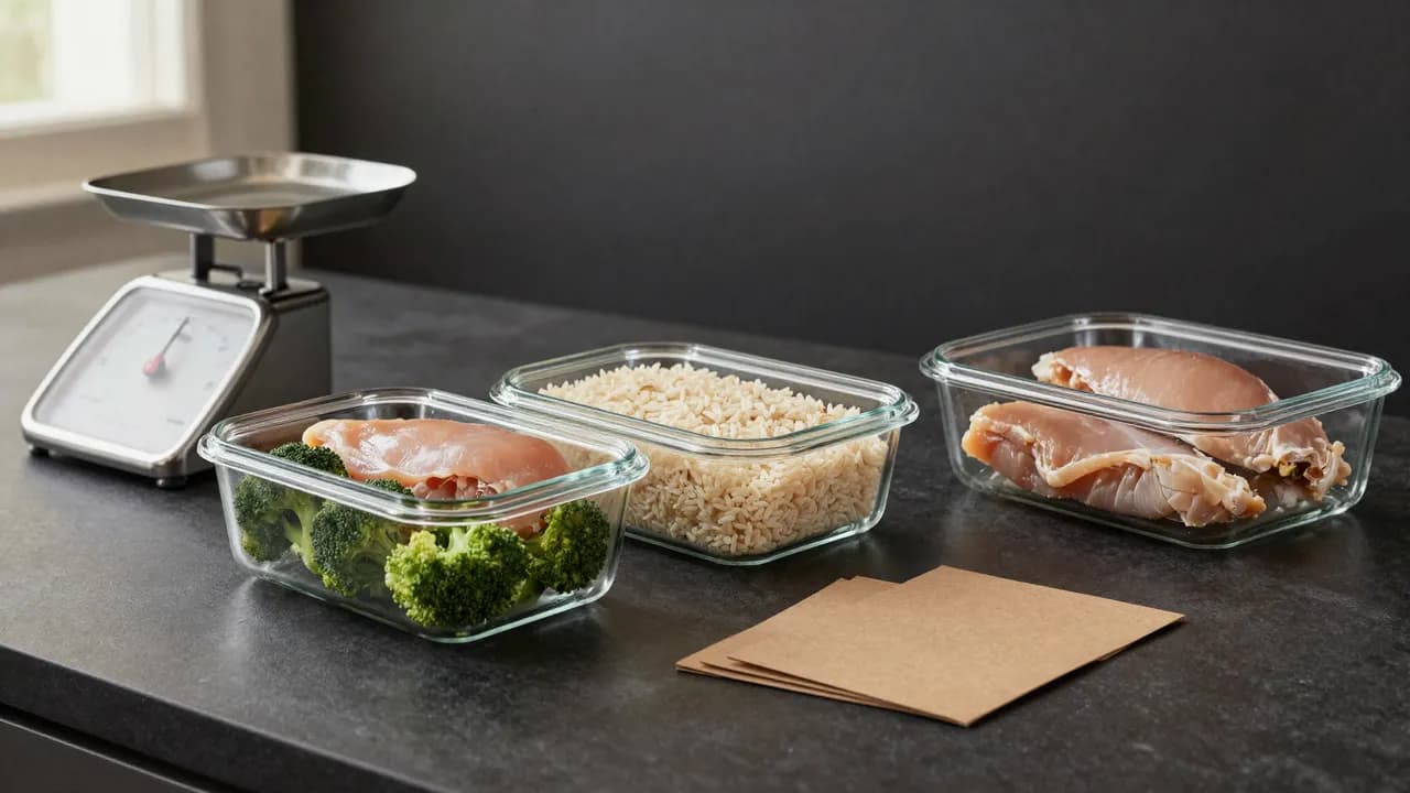 Contenedores de meal prep con ingredientes porcionados junto a báscula de cocina