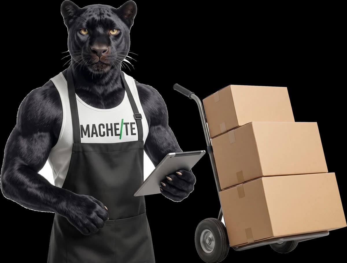 Puma MACHETE con mandil de carnicero y tablet de pedidos junto a un diablito con cajas de reparto