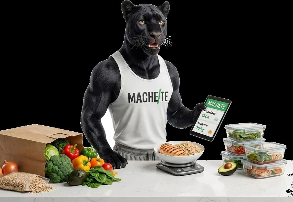 Puma MACHETE pesando su meal prep semanal: báscula con proteína, contenedores con macros y bolsa del mercado