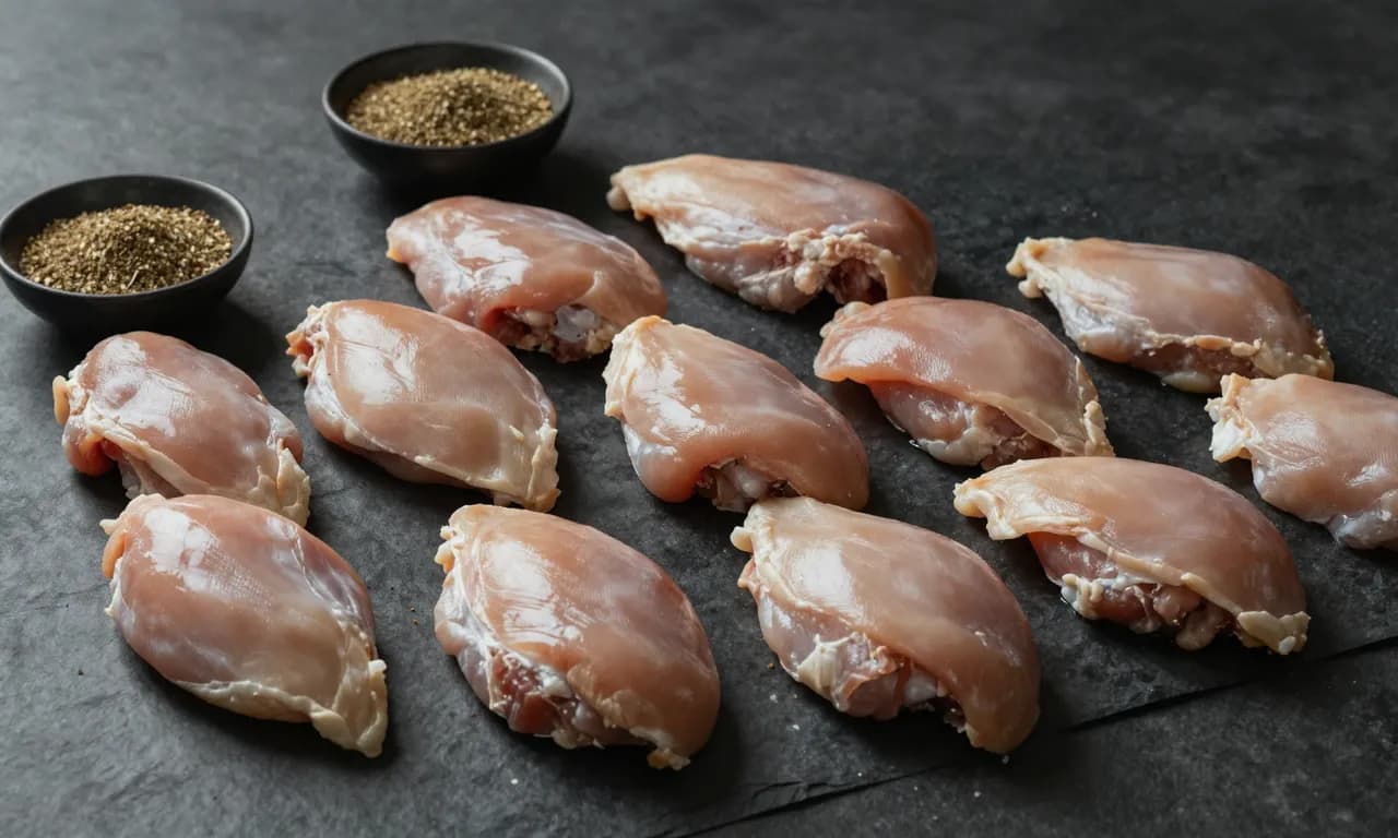 Pechugas de pollo porcionadas en filas uniformes con sazonadores secos · Box Pollo Fitness Bulk