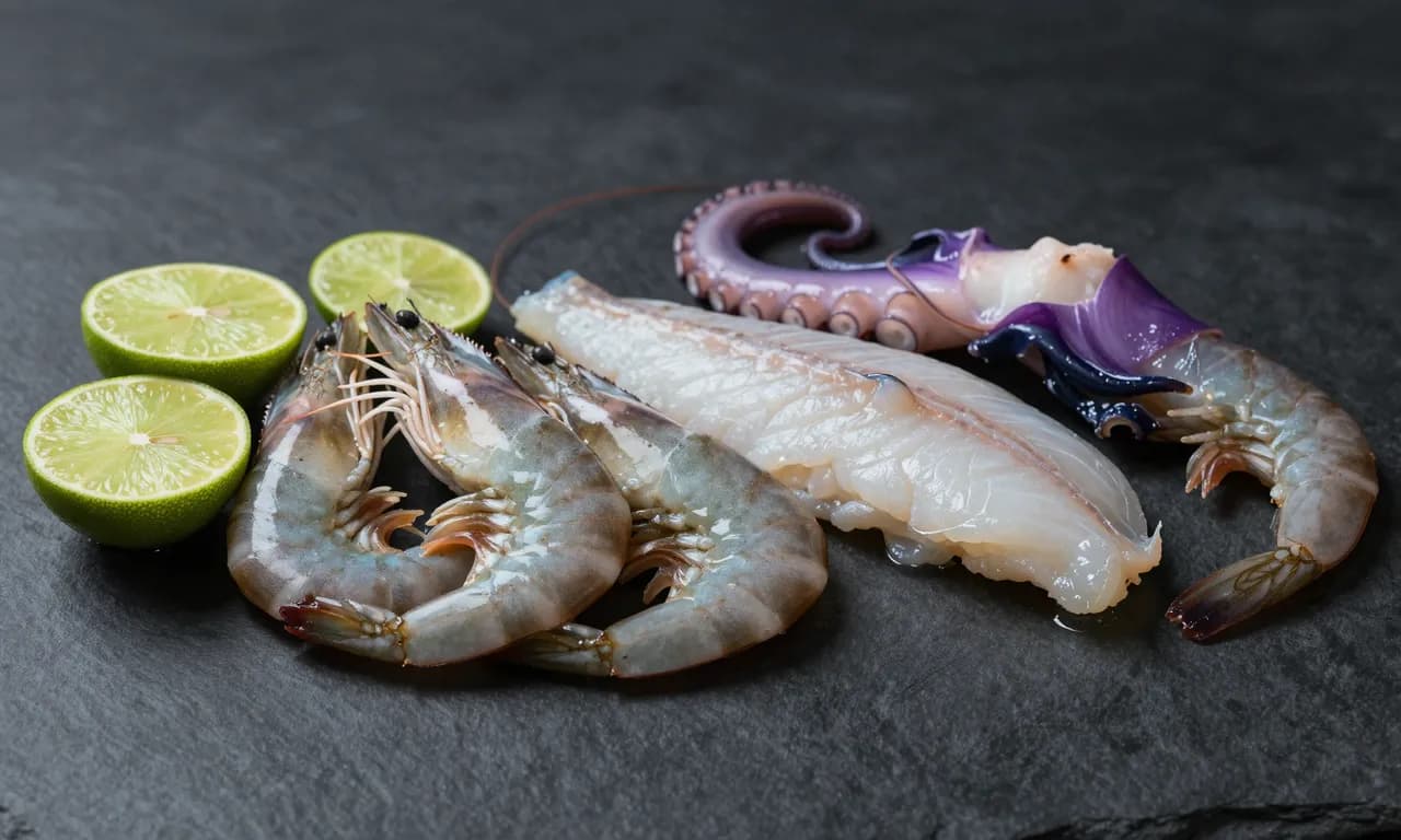 Camarón fresco con limones, pulpo cocido y filete de robalo · Box Mariscada CDMX