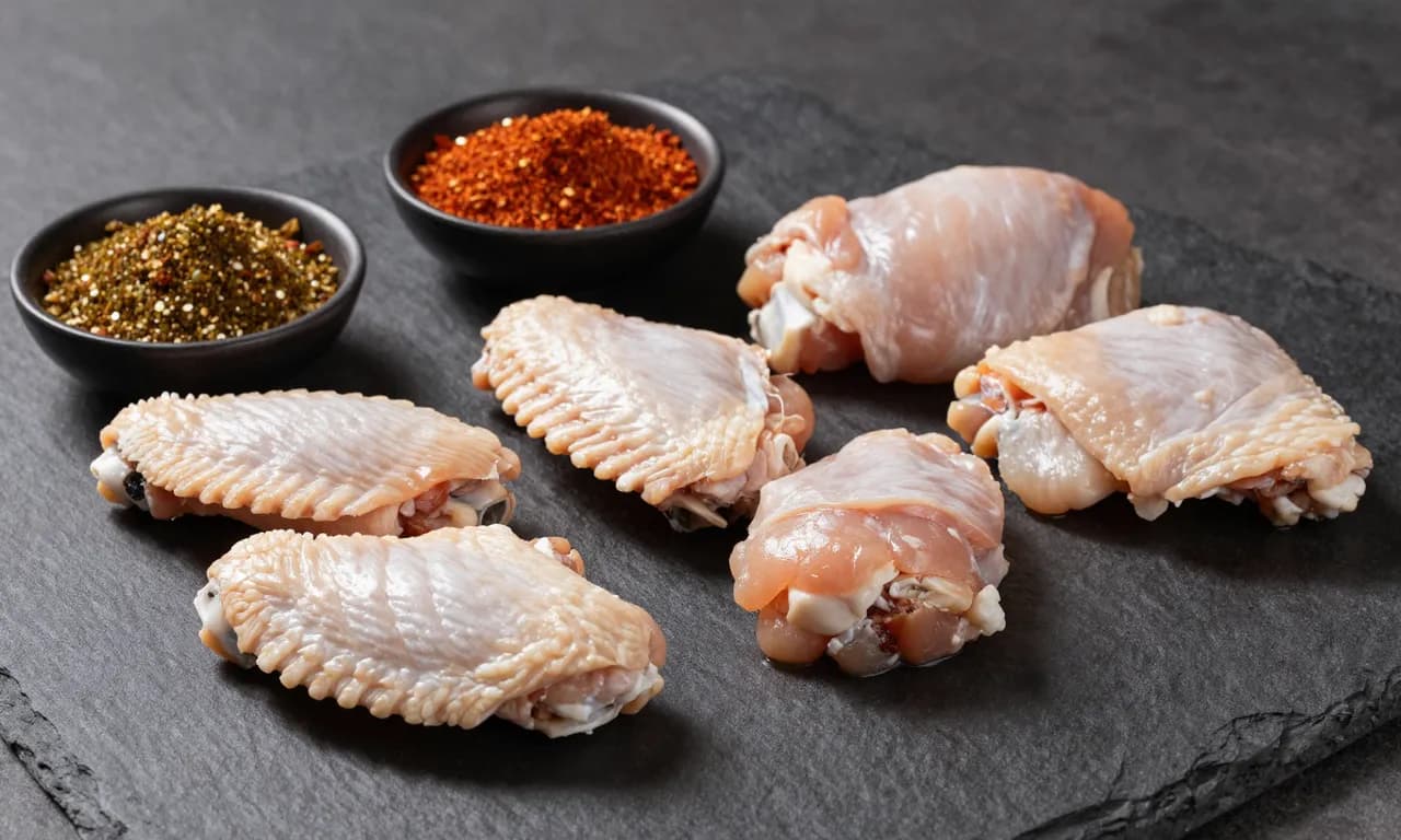 Alitas y muslo de pollo crudos con dos marinadas secas · Box Pollo Asado