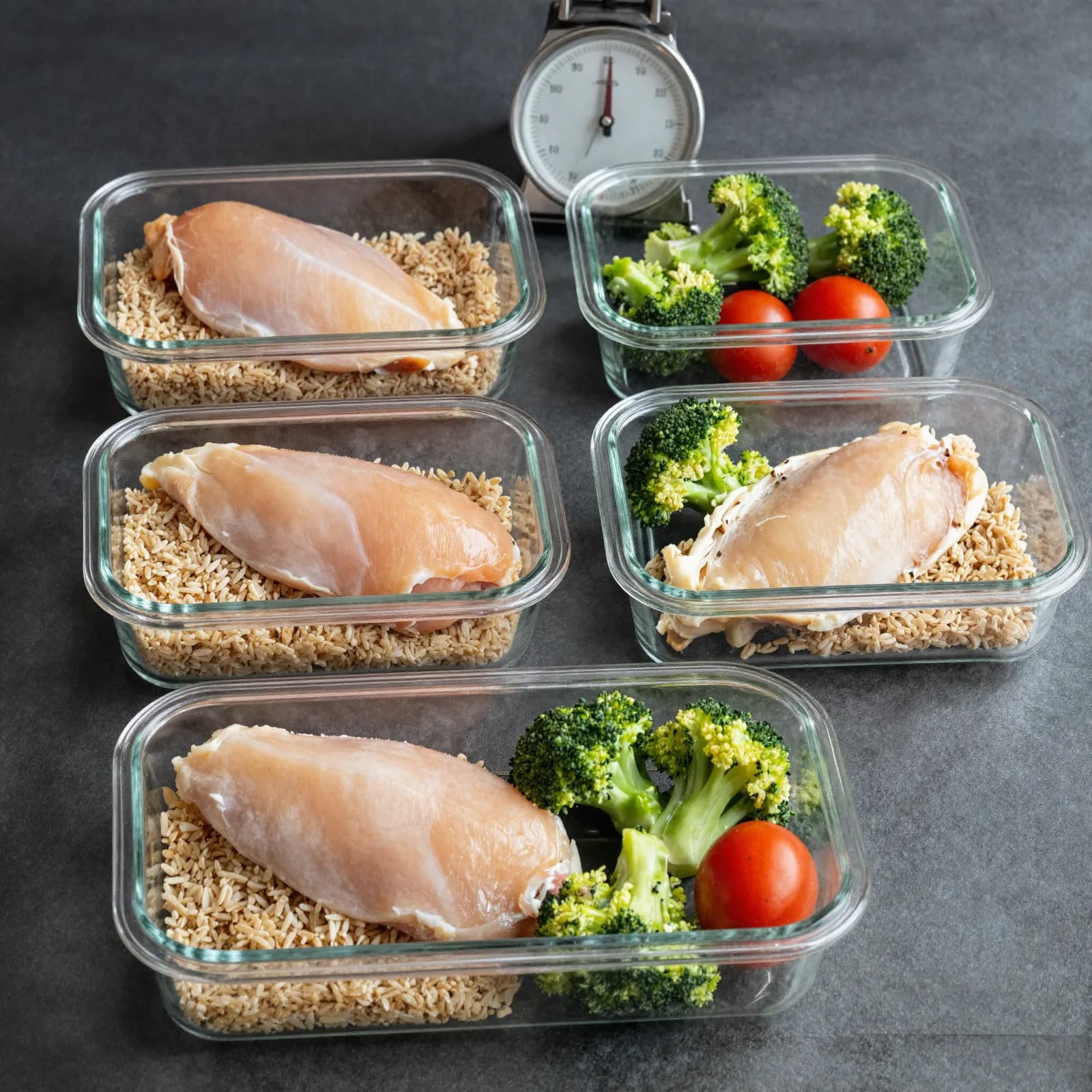 Contenedores de meal prep con pollo, arroz integral y brócoli porcionados junto a báscula de cocina — Machete Prep
