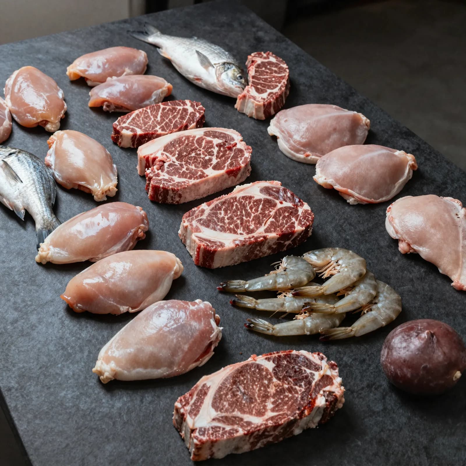 Proteínas frescas del día — pollo, res, pescado entero y camarón — porcionadas sobre superficie oscura