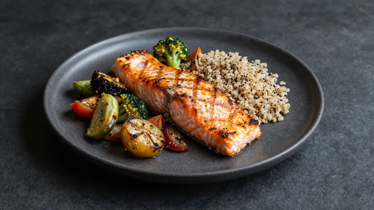 Salmón a la parrilla con quinoa y vegetales rostizados — kit Balance