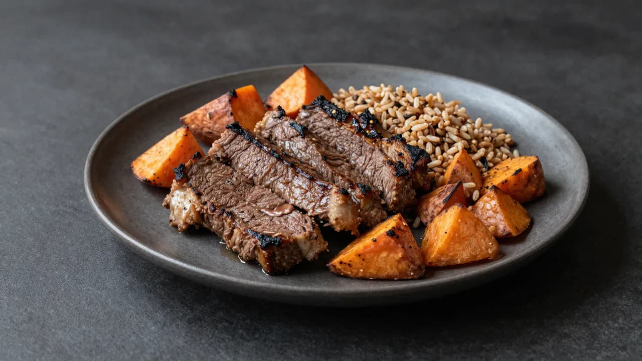Res a la parrilla con camote rostizado y arroz integral — kit Volumen