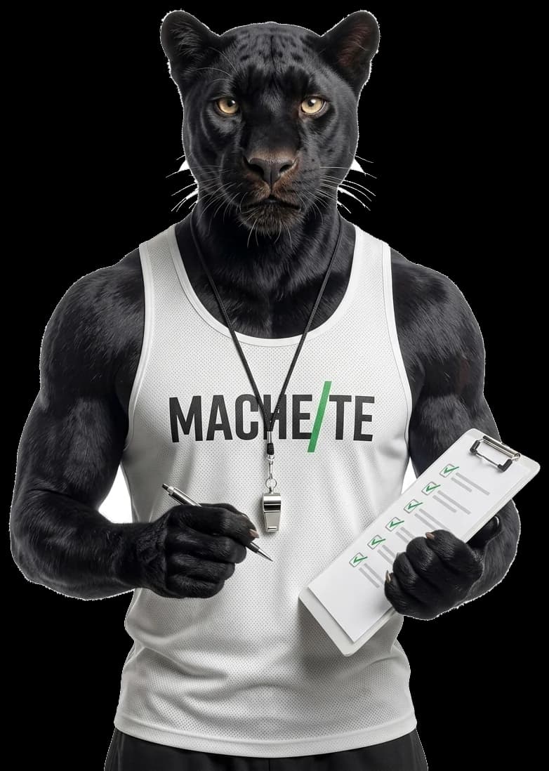 Puma MACHETE con silbato y tabla de registro, listo para hacerte cinco preguntas