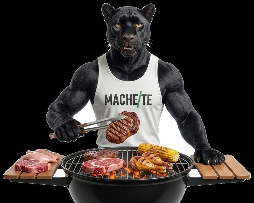 Puma MACHETE asando cortes en el carbón: pinzas con ribeye, pollo y elote sobre la parrilla