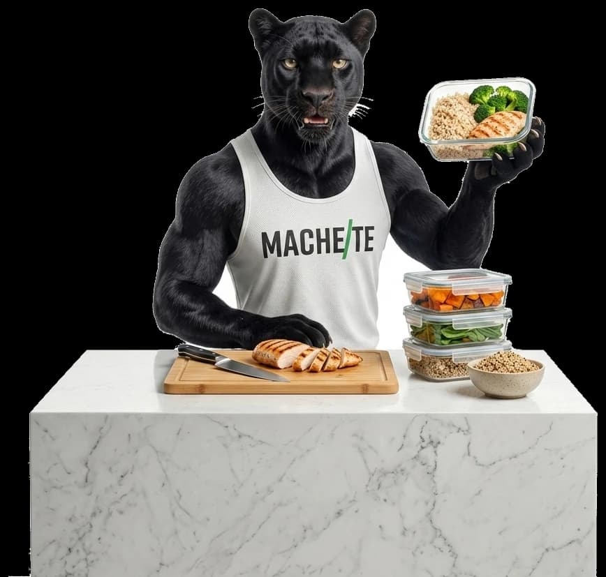 Puma MACHETE porcionando su meal prep: contenedores de vidrio con macros, tabla con pechuga rebanada y bowl de quinoa